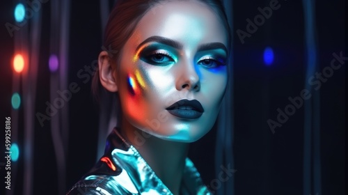 Woman model in colorful bright neon color outfits posing in studio. High fashion photography. Generative AI