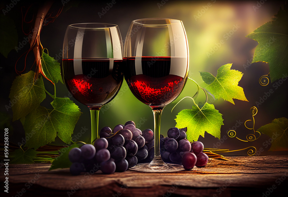 Two glasses with red wine and a bunch of grapes. AI Generated