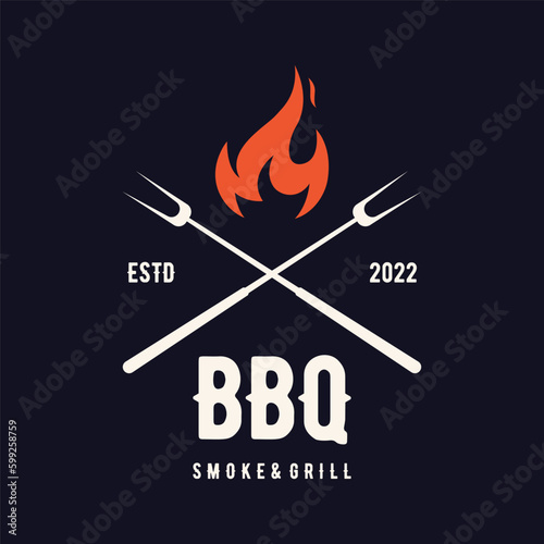 BBQ hot grill vintage typography Logo design with crossed flames and spatula. Logo for restaurant, badge,cafe and bar.