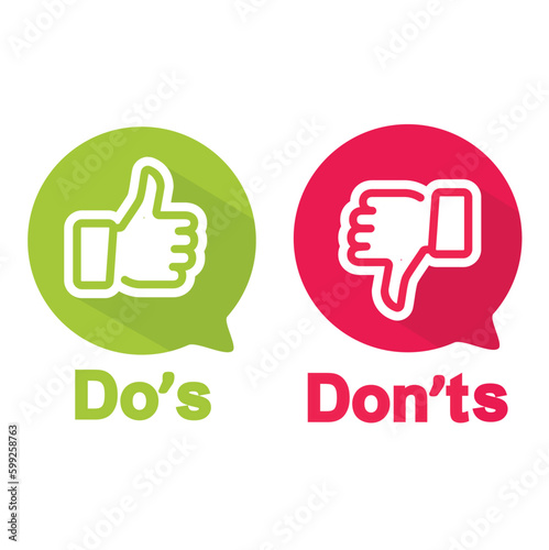 Do and Don't icons. Check mark and cross. Like and dislike symbols.