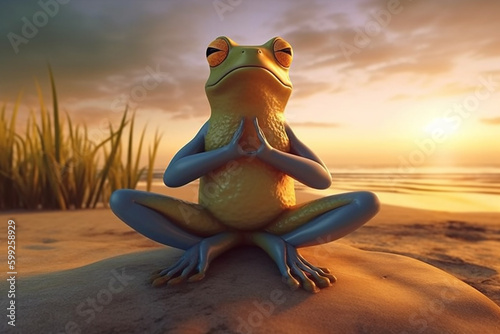 Frog seen from the front meditating and practicing yoga on the beach at sunset - golden hour. Copy space © carolaraujo