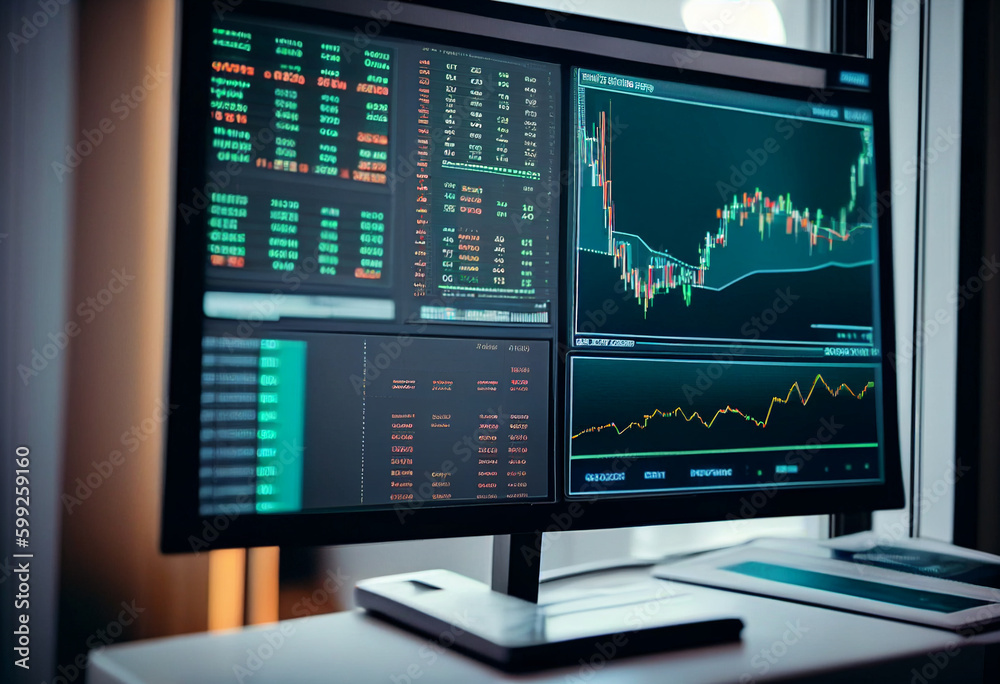 Trading with a computers with a graph on the screen, the stock market and cryptocurrency. AI Generated Trading with a computers with a graph on the screen, the stock market and cryptocurrency. AI Generated