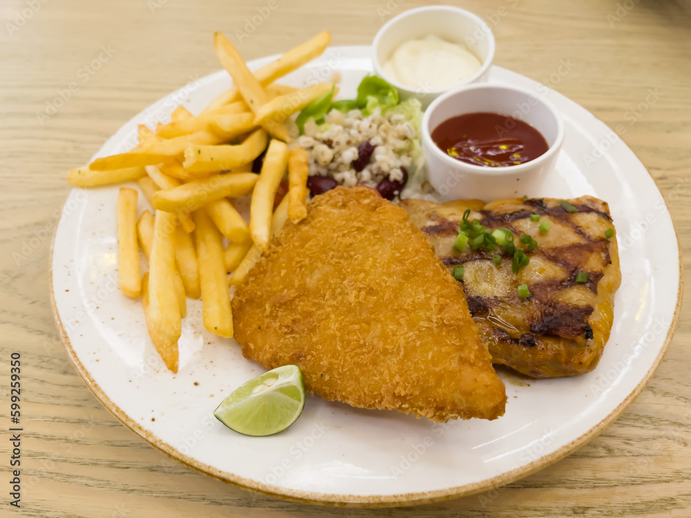 Fish and chips with grilled chicken spicy steak Fish and chips with grilled chicken spicy steak