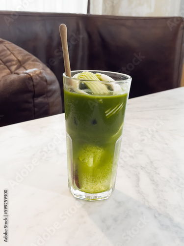 Green tea with coconut juice in coffee shop cafe