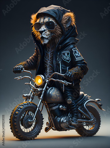 lion biker on a motorcycle. Created with AI technology
 photo