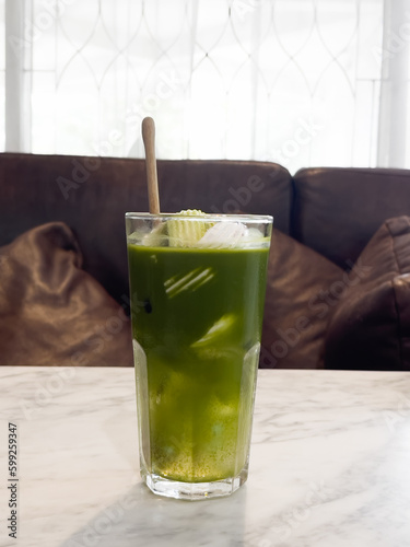 Green tea with coconut juice in coffee shop cafe
