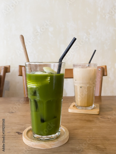 Green tea with coconut juice in coffee shop cafe
