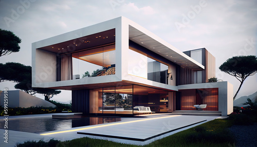 3D Rendering of Modern Villa Contemporary Luxury Living Villa AI Generative photo