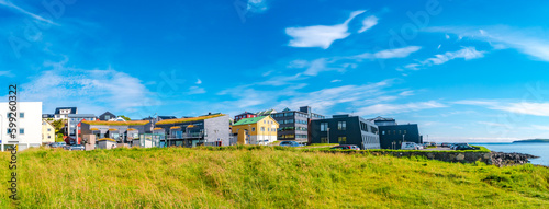 Torshavn, Faroe Islands - August 6, 2017: Modern capital Torshavn of Faroe islands, old and modern houses, city historical downtown, panorama, summer