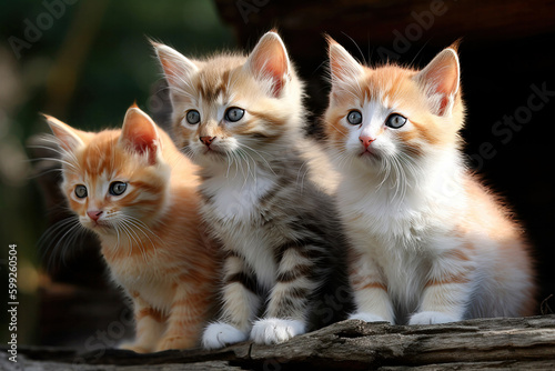 cute little kittens close up. Adorable cats together. Homeless little kittens