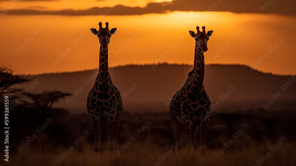 stunning sunset photography of two giraffes standing in a distance, generative AI