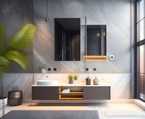 Fotografia Salle de bain moderne avec baignoire, marbre noir et bois, décors luxueux, végét