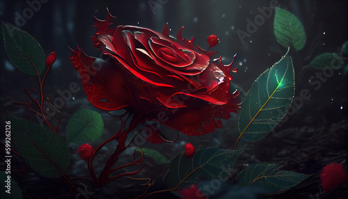 Beautiful Red Rose in Rain Floral Art Background AI Generative