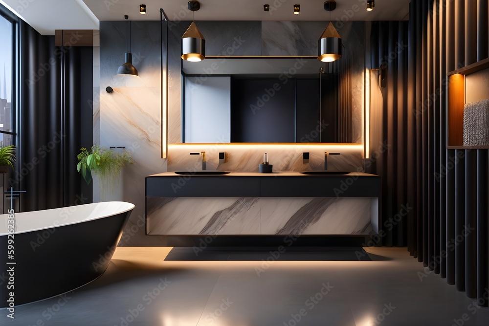Salle de bain moderne avec baignoire, marbre noir et bois, décors