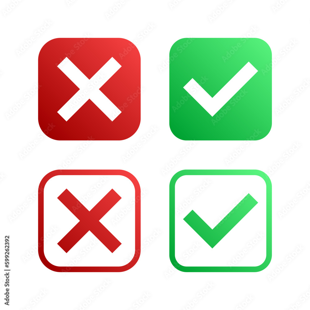 Set of green check mark and red cross icons. Checklist symbol, approval plan, and checklist sign. Vector Illustration Set of green check mark and red cross icons. Checklist symbol, approval plan, and checklist sign. Vector Illustration