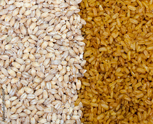 background of grains of rice and wheat close-up