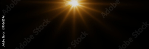 Light ray or sun beam vector background. Abstract gold light sparkle flash spotlight backdrop with golden sunlight shine on black background