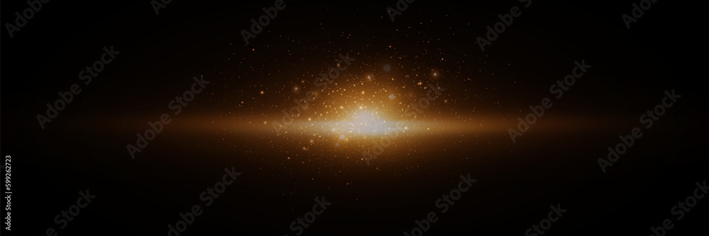 Magic light on isolated black background. Isolated light. Dust particles, magical glow. 