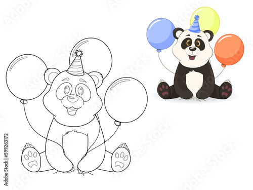Cute coloring book - happy panda in festive  blue cap with balloons. Cartoon children s illustration.