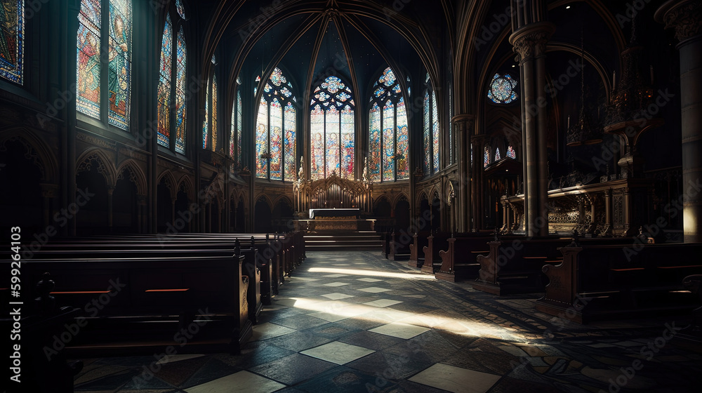 St. Patrick's Catherdral With Large Stained Glass Windows Grand Hall Volumetric Lights Generative AI