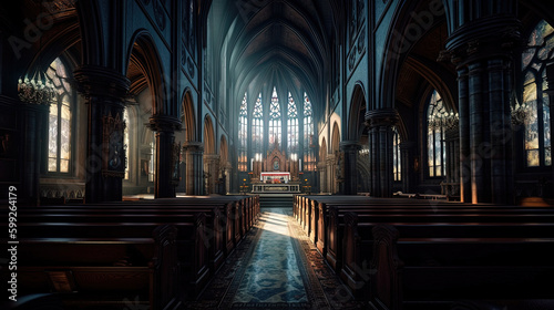 St. Patrick s Catherdral With Large Stained Glass Windows Grand Hall Volumetric Lights Generative AI