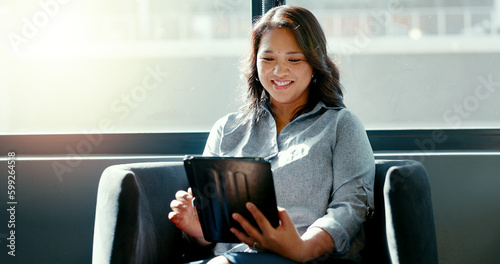 Bild auf Leinwand Office tablet, typing and woman reading good review of social network feedback, customer experience or ecommerce