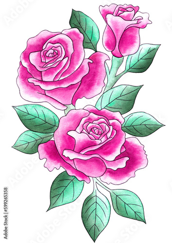 Watercolor Bouquet of flowers  isolated  white background  pink roses and green leaves