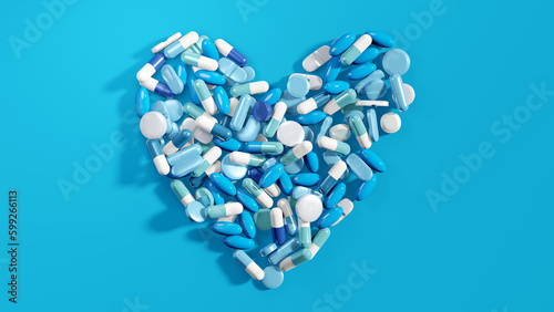 Various health pills and tablets making up the shape of a heart. Medical and wellbeing 3D illustration