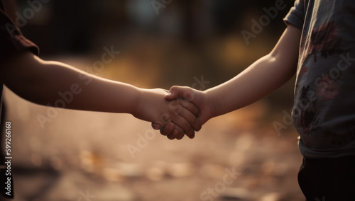Two children shaking hands - best friends - Generative AI