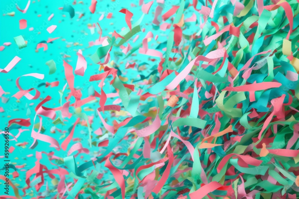 birthday colorful confetti flying event festive party celebration blue background carnival. Generative AI.
