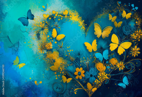 Painted spring background in blue-yellow flowers with butterflies and hearts. AI generated
