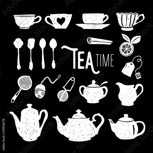 Monochrome tea time doodle elements on black background design