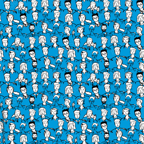 Diverse crowd of people in doodle style seamless pattern illustration