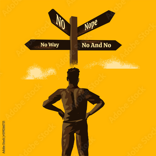 No way forward. A businessman stands and looks up at crossroad signs and gets no choice. People and future options vector illustration.