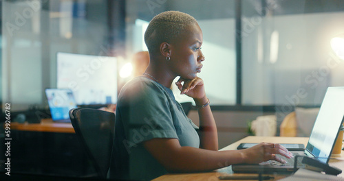 Obraz na plátne Business, office laptop or black woman typing feedback review of finance portfolio, stock market or investment