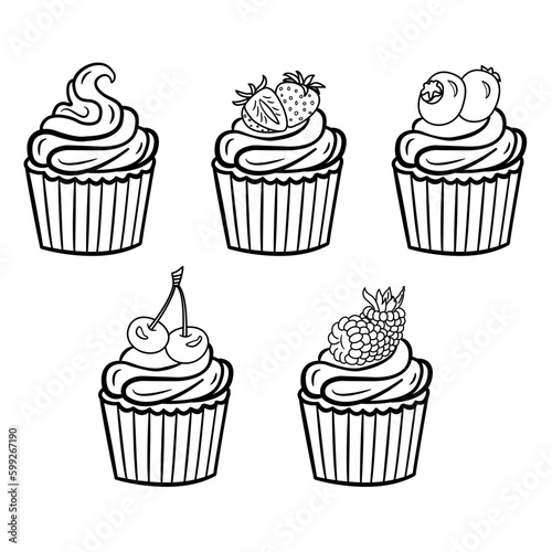 Set of Cupcakes for Coloring Pages. Vector Illustration of Delicious Pastries on a White Background