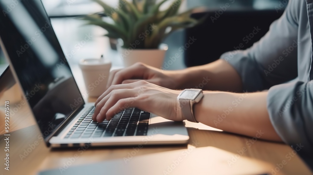 Naklejka premium Close-up of male hands working on laptop in the office. Based on Generative AI