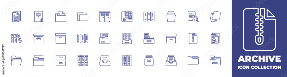 Archive line icon collection. Editable stroke. Vector illustration. Containing documents, library, folder, dressing room, archive, paper, papers, binder, storage box, archives, zip, search, and more.