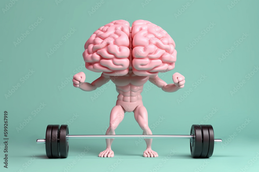 Human brain lifting weights. 3D brain lifting a heavy dumbbell. Mind