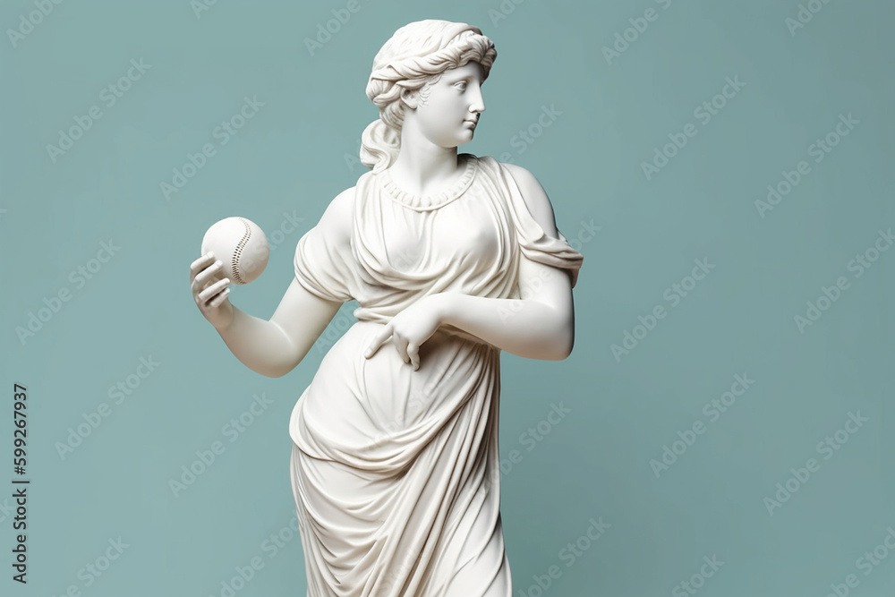 Obraz premium Marble statue of an ancient Greek goddess doing sports on pastel background. Baseball player sculpture. Beauty standards, ideal body, sports activity, fitness, sports advertising concept.AI generated