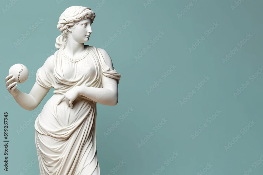 Obraz premium Marble statue of an ancient Greek goddess doing sports on pastel background. Baseball player sculpture. Beauty standards, ideal body, sports activity, fitness, sports advertising concept.AI generated