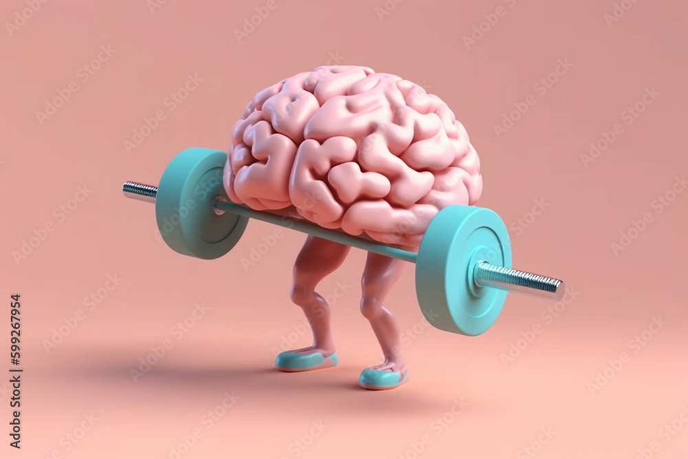 Ilustrace „Human brain lifting weights. 3D brain lifting a heavy dumbbell. Mind training, memory