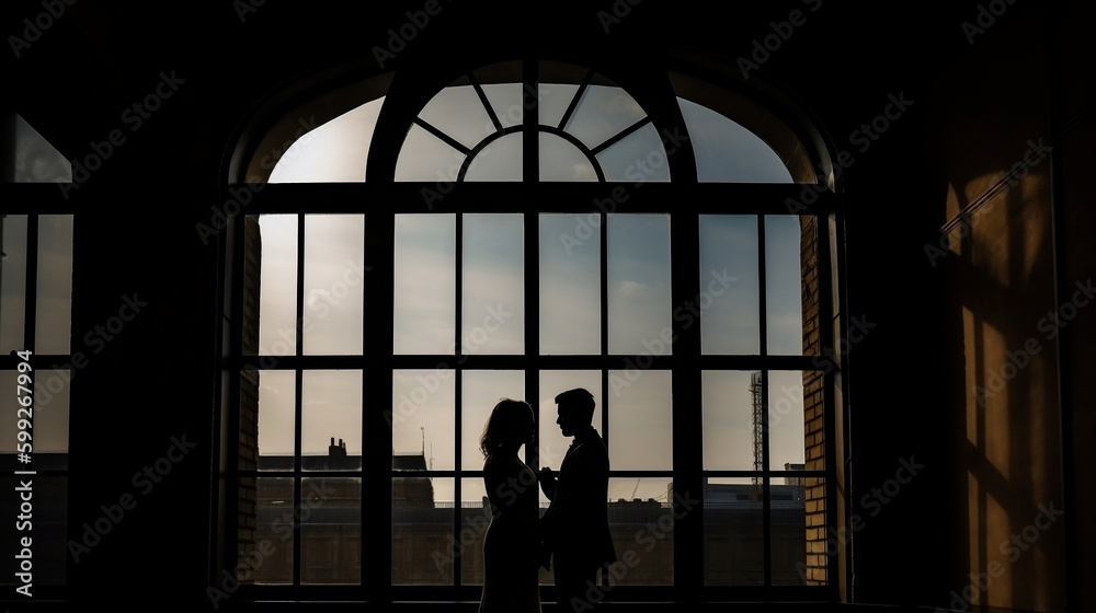 Couple in love, with a large window in the background, silhouette. Valentine's Day. The power of love. IA Generated