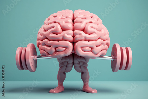 Human brain lifting weights. 3D brain lifting a heavy dumbbell. Mind training, memory health, Alzheimer's prevention, brain training, education, study and menthal health concept. AI generated