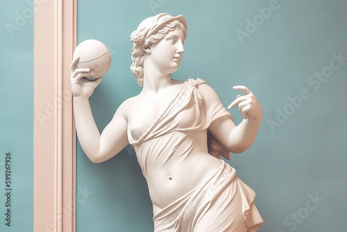 Marble statue of an ancient Greek goddess doing sports on pastel background. Ball game player sculpture. Beauty standards, ideal body, sports activity, fitness, sports advertising concept.AI generated