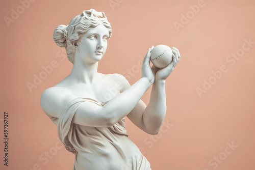 Marble statue of an ancient Greek goddess doing sports on pastel background. Baseball player sculpture. Beauty standards, ideal body, sports activity, fitness, sports advertising concept.AI generated