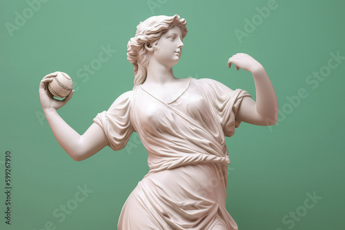 Marble statue of an ancient Greek goddess doing sports on pastel background. Baseball player sculpture. Beauty standards, ideal body, sports activity, fitness, sports advertising concept.AI generated