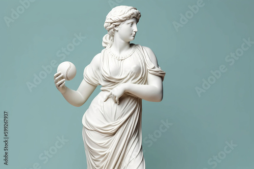 Marble statue of an ancient Greek goddess doing sports on pastel background. Baseball player sculpture. Beauty standards, ideal body, sports activity, fitness, sports advertising concept.AI generated