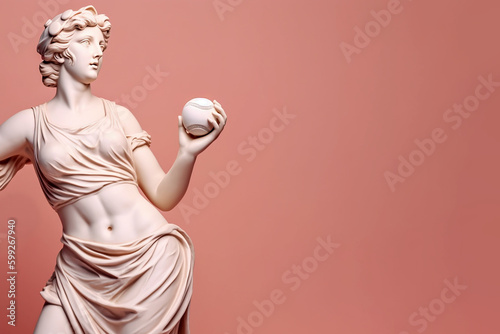 Marble statue of an ancient Greek goddess doing sports on pastel background. Baseball player sculpture. Beauty standards, ideal body, sports activity, fitness, sports advertising concept.AI generated