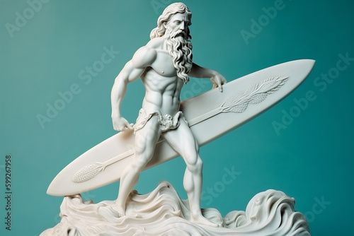 Marble statue of an ancient Greek god Poseidon surfing. Sculpture of a sea god holding a surfboard. Beauty standards, ideal body, sports activity, fitness, sports advertising concept. AI generated